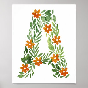 Personalised Floral Letter A with Orange Flowers Poster