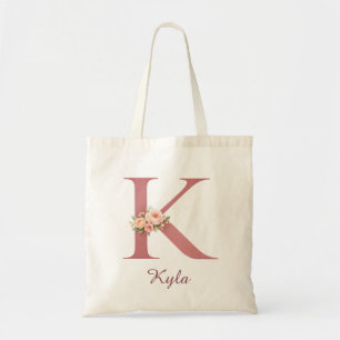 Personalised Floral Letter K Monogram Tote Bag