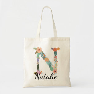 Personalised Floral letter L Custom Name Botanical Tote Bag