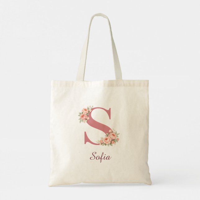 Personalised Floral Letter S Monogram Tote Bag (Back)