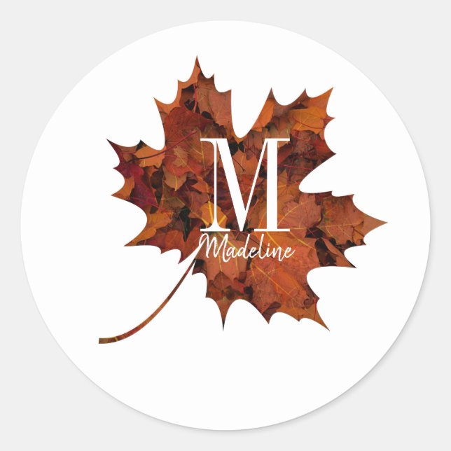 Personalised Floral Monogram Autumn Maple Leaf Classic Round Sticker (Front)