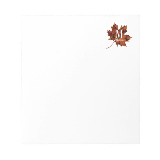 Personalised Floral Monogram Autumn Maple Leaf Notepad (Front)