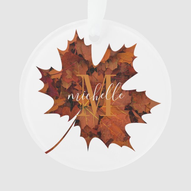 Personalised Floral Monogram Autumn Maple Leaf Ornament (Front)