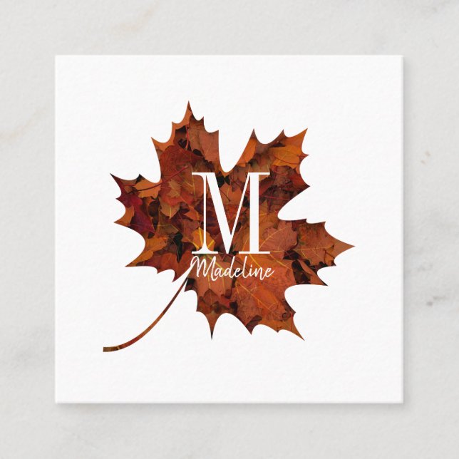 Personalised Floral Monogram Autumn Maple Leaf Square Business Card (Front)