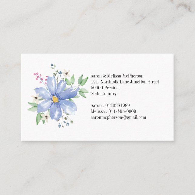 Personalised Floral Monogram Blue Wildflowers Business Card (Front)