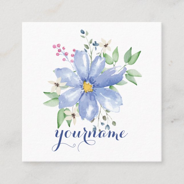 Personalised Floral Monogram Blue Wildflowers Square Business Card (Front)