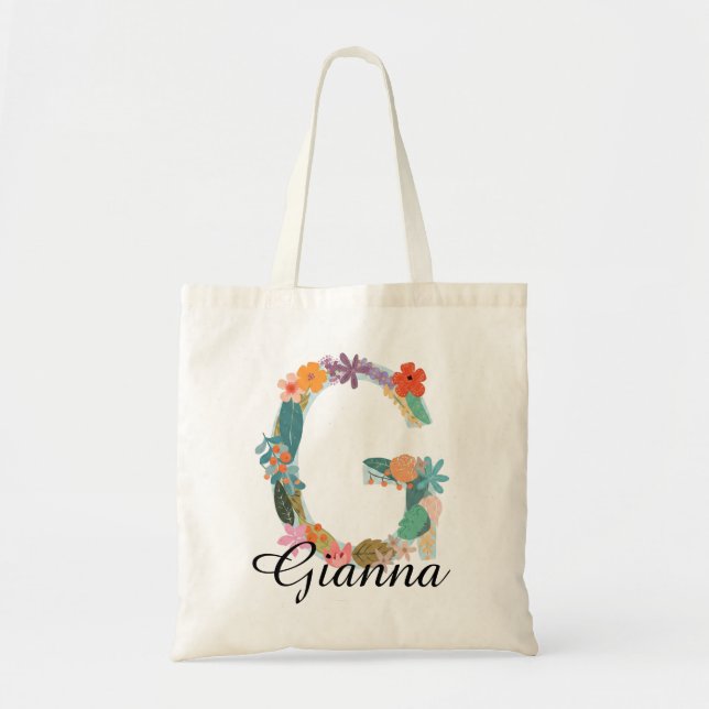 Personalised Floral Monogram Custom Name Botanical Tote Bag (Front)