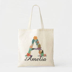 Personalised Floral Monogram Custom Name Botanical Tote Bag