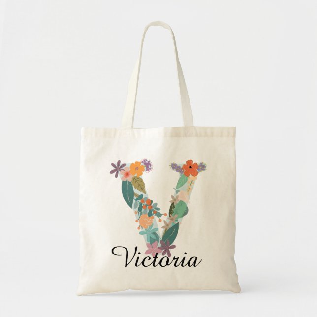 Personalised Floral Monogram Custom Name Letter V  Tote Bag (Front)