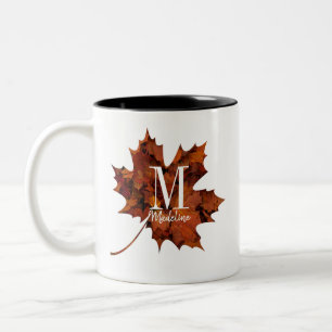 Personalised Floral Monogram Fall Maple Leaf Two-Tone Coffee Mug