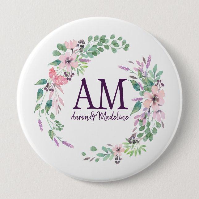Personalised Floral Monogram Fresh Spring Foliage 10 Cm Round Badge (Front)