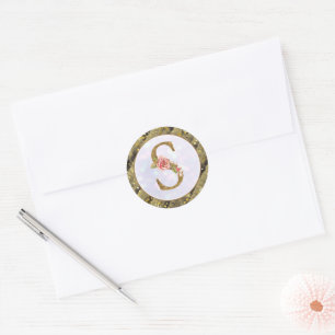 Personalised Floral Monogram, From A to Z  Gold Pl Classic Round Sticker