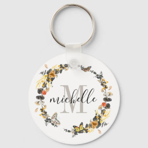 Personalised Floral Monogram Golden Fall Foliage Key Ring