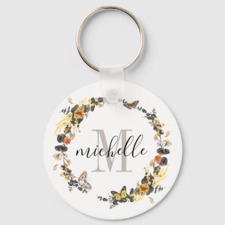 Personalised Floral Monogram Golden Fall Foliage Key Ring