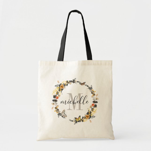 Personalised Floral Monogram Golden Fall Foliage Tote Bag (Front)