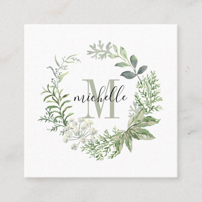 Personalised Floral Monogram Green Forest Leaves Square Business Card (Front)