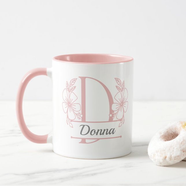Personalised Floral Monogram Letter D Mug - Custom (With Donut)