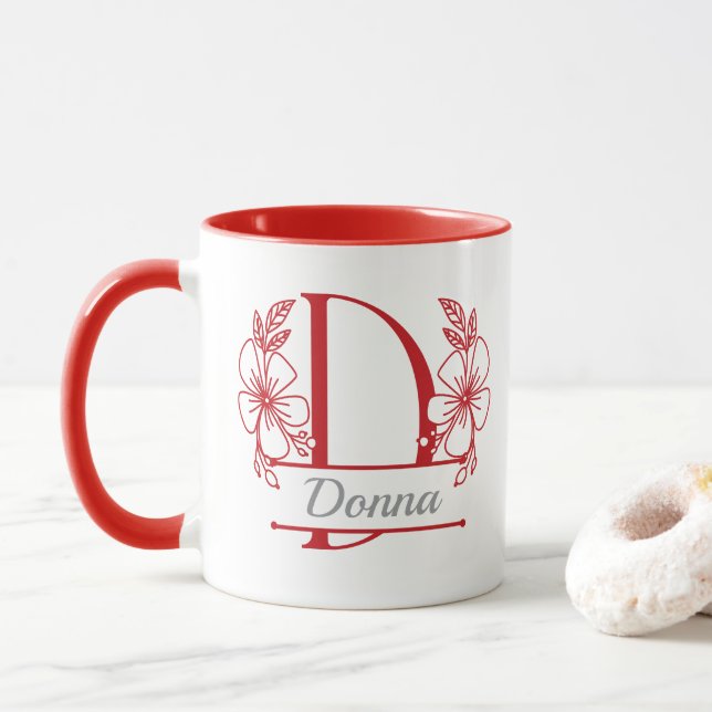 Personalised Floral Monogram Letter D Mug - Custom (With Donut)