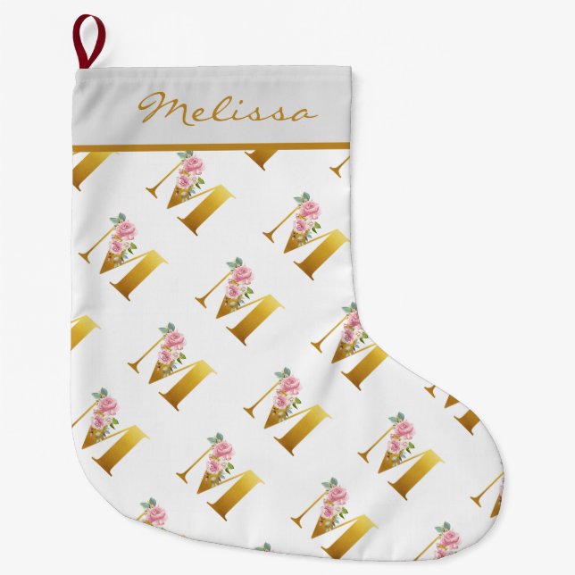 Personalised Floral Monogram Letter M Botanical Large Christmas Stocking (Front)