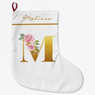 Personalised Floral Monogram Letter M Botanical Large Christmas Stocking