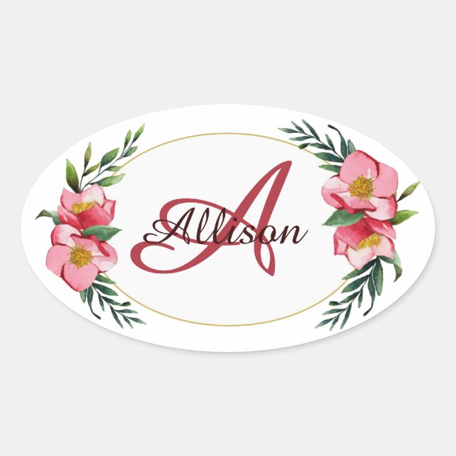 Personalised floral monogram oval sticker (Front)