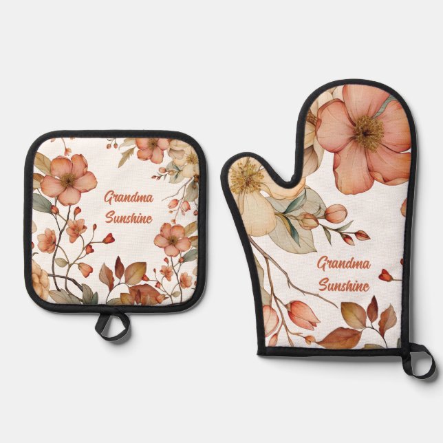 Personalised Floral Monogram Oven Mitt & Pot Holder Set (Front)