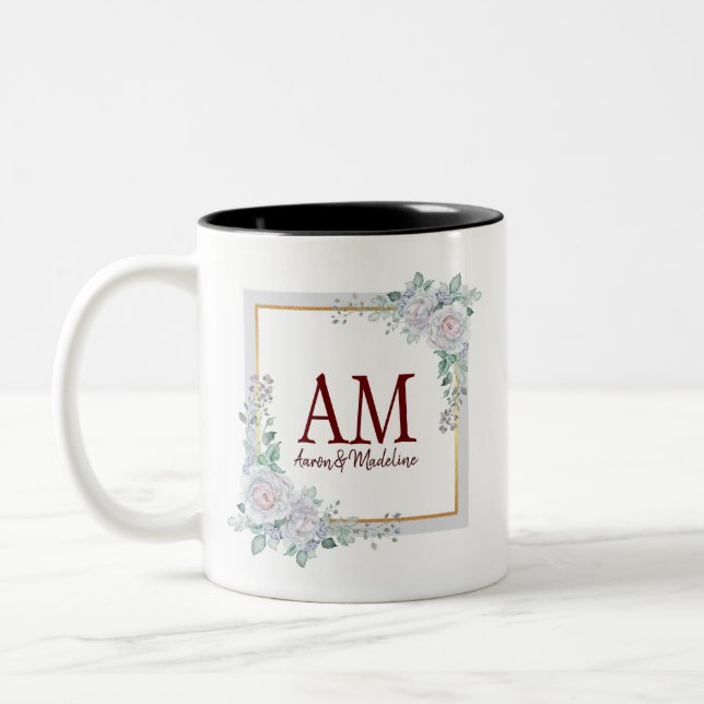 Personalised Floral Monogram Rose Frame Two-Tone Coffee Mug (Left)
