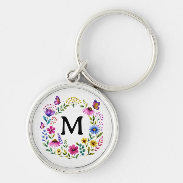 Personalised Floral Monogram Wreath Key Ring (Front)