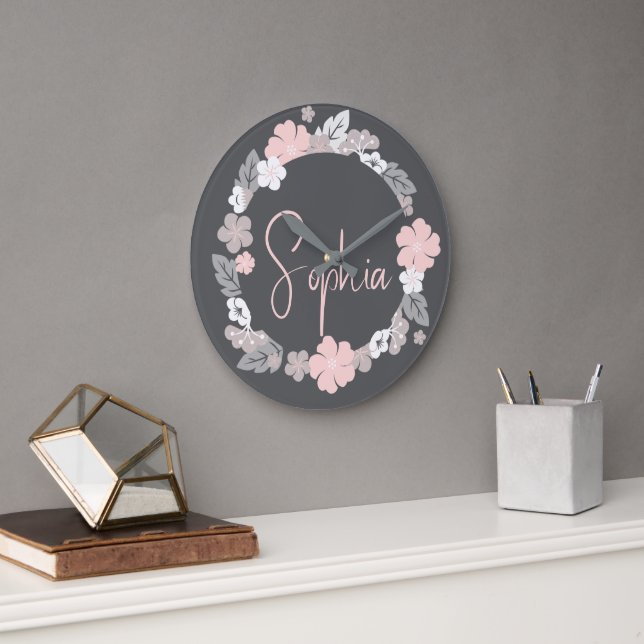 Personalised Floral Name Pink Large Clock (Office)