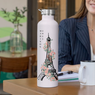 Personalised Floral Paris Eiffel Tower White Water Bottle