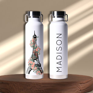 Personalised Floral Paris Eiffel Tower White Water Bottle