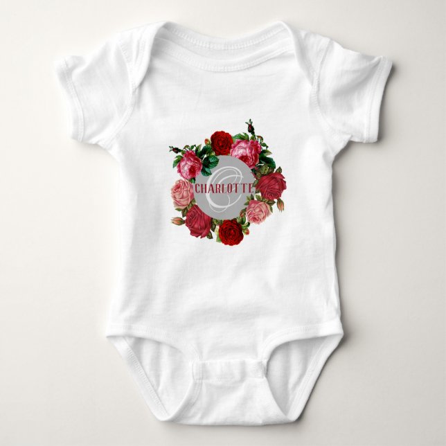 Personalised Floral Pattern Monogram Name Baby Bodysuit (Front)