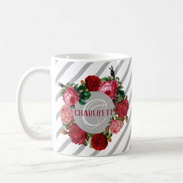 Personalised Floral Pattern Monogram Name Coffee Mug (Left)