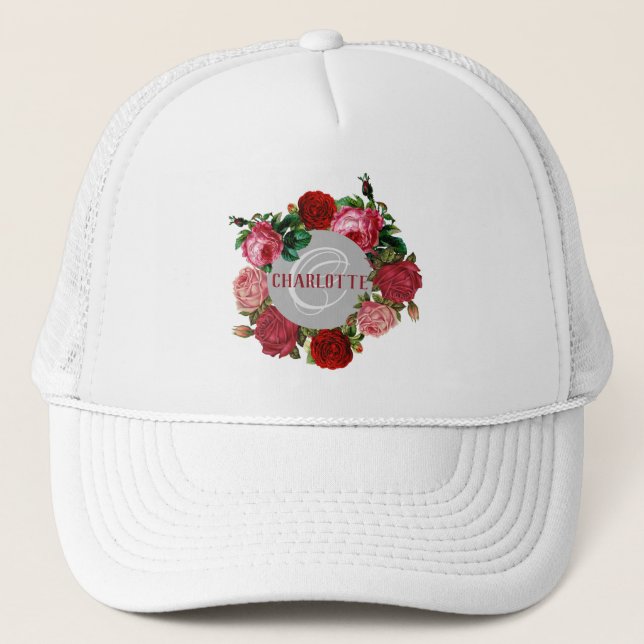 Personalised Floral Pattern Monogram Name Trucker Hat (Front)
