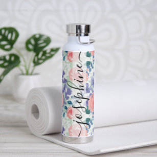 Personalised Floral Pattern Pink Roses Designer Water Bottle