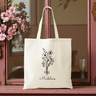 Personalised Floral Pink Bow Birthday Girl Tote Bag
