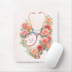 Personalised Floral Pink Rose Stethoscope Mouse Pad