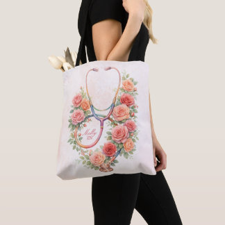 Personalised Floral Pink Rose Stethoscope  Tote Bag