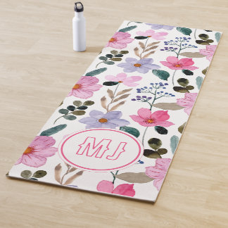 Personalised Floral Pink Script Initials Yoga Mat