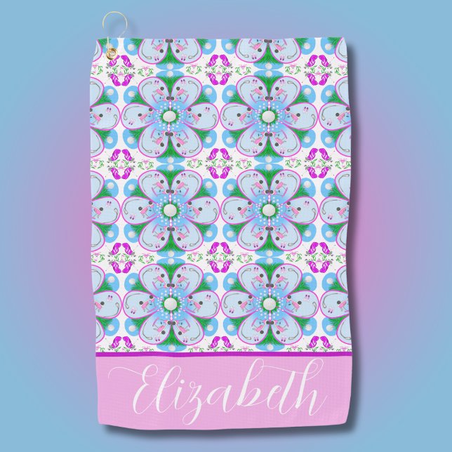 Personalised Floral Pink Women's Golf Pattern Golf Towel (Creator Uploaded)
