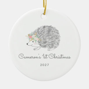 Personalised Floral Porcupine Cute 1st Christmas Ceramic Tree Decoration