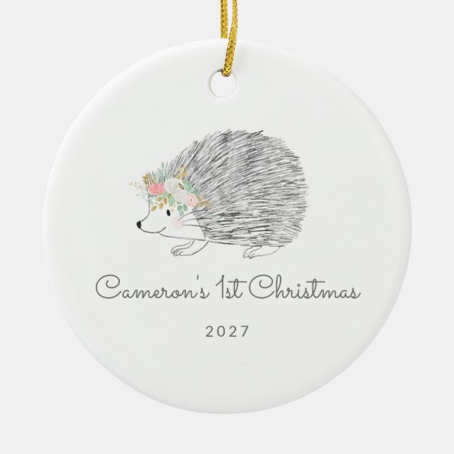 Personalised Floral Porcupine Cute 1st Christmas Ceramic Tree Decoration (Front)