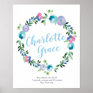 Personalised Floral purple blue birth poster print