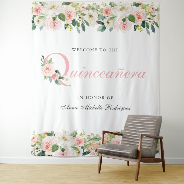 Personalised Floral Quinceanera Photo Backdrop Tapestry (In Situ)