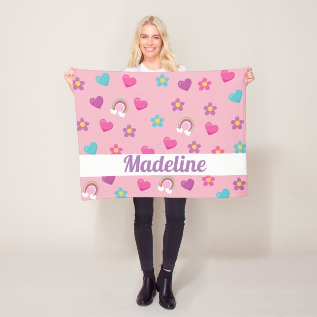 Personalised Floral Rainbow & Hearts Fleece Blanket (In Situ)