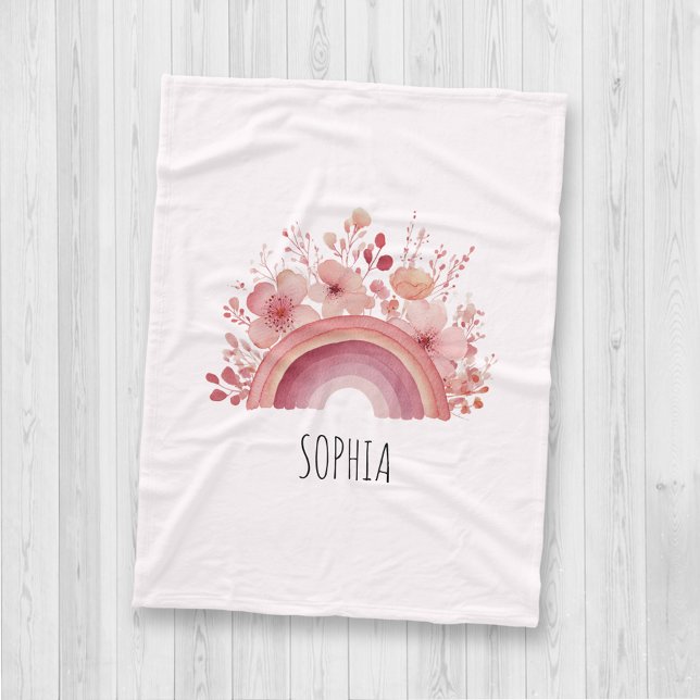 Personalised Floral Rainbow Kids Custom Name Fleece Blanket (Creator Uploaded)