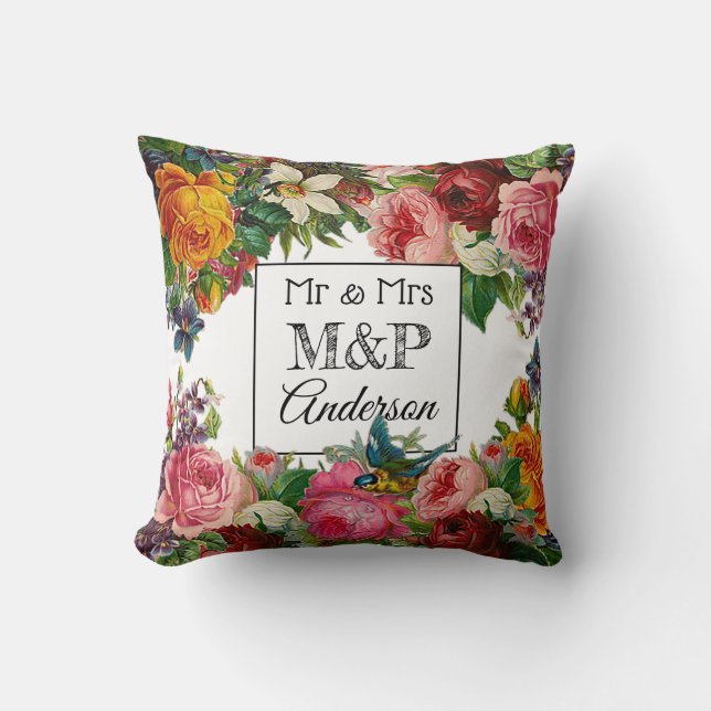 Personalised Floral Roses & Bird Wedding Pillow (Front)