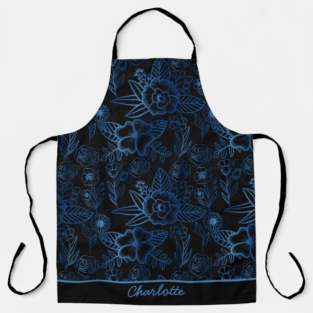 Personalised floral seamless pattern blue black  apron (Front)
