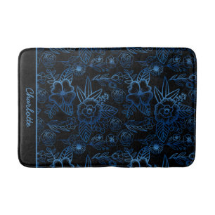 Personalised floral seamless pattern blue black  bath mat