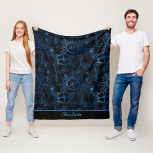 Personalised floral seamless pattern blue black fleece blanket